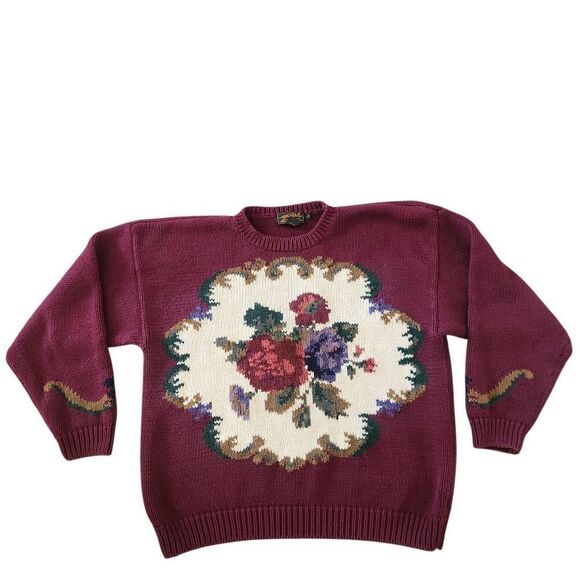 Vintage 90s Eddie Bauer Sweater Large Oversized Heavy Knit Floral - Picture 2 of 4